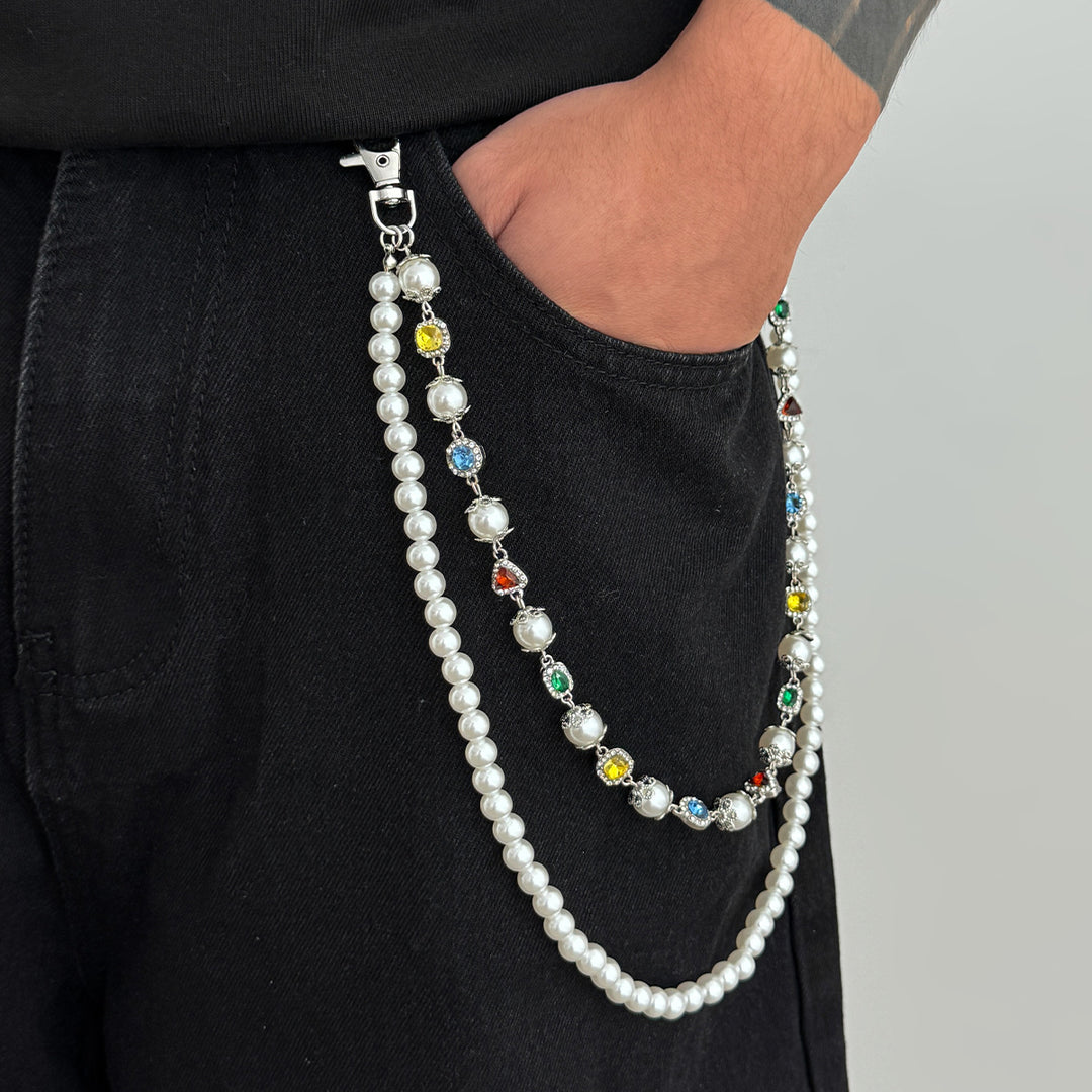 Pearl, Multi-Gemstone, Cross & Floral Pant Chain