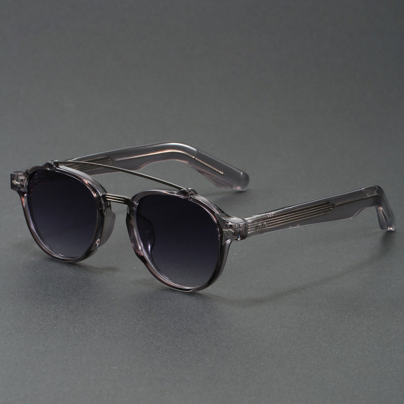 Retro Double Bridge Round Frame Slimming Sunglasses