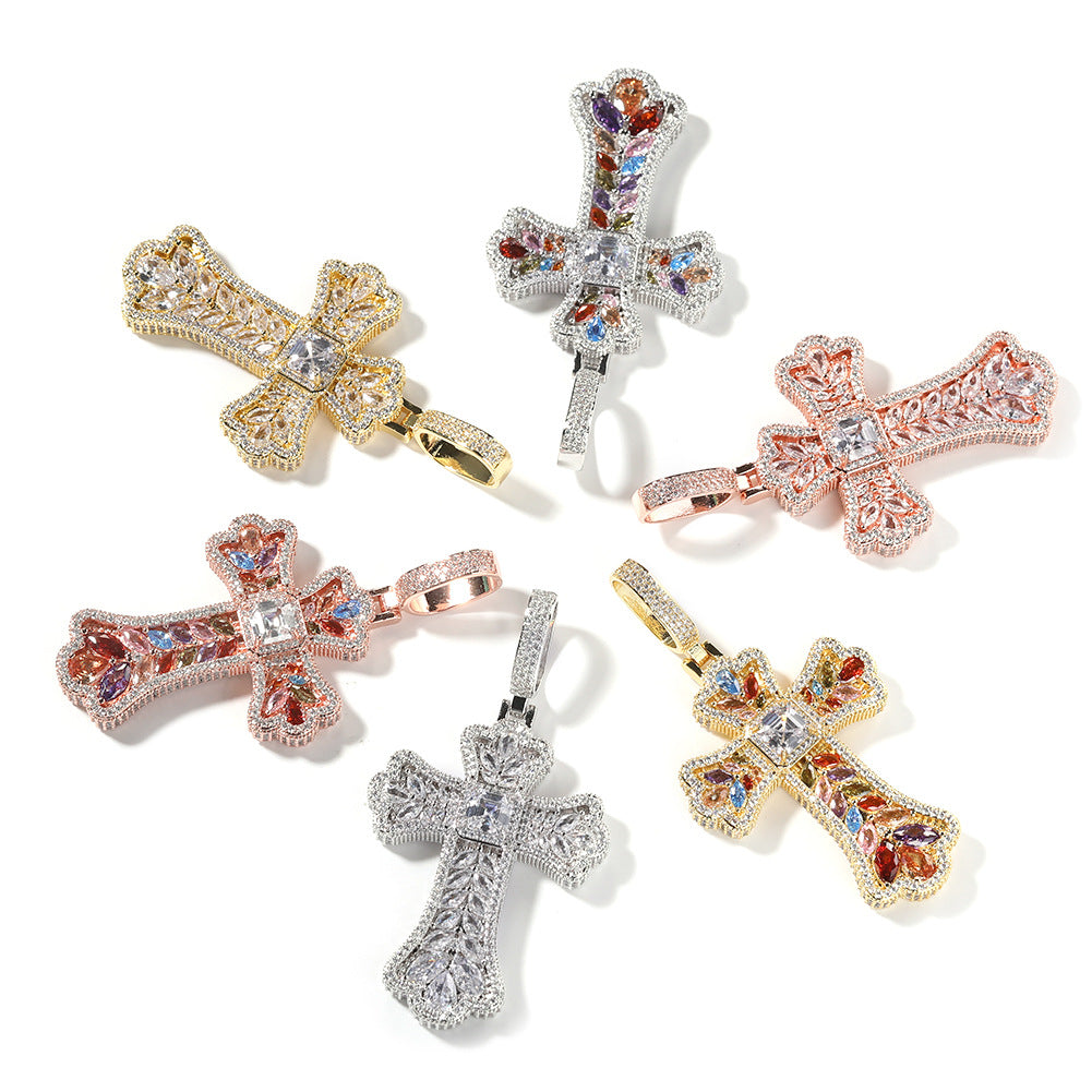 Hip-hop full diamond colorful wheat ear cross pendant