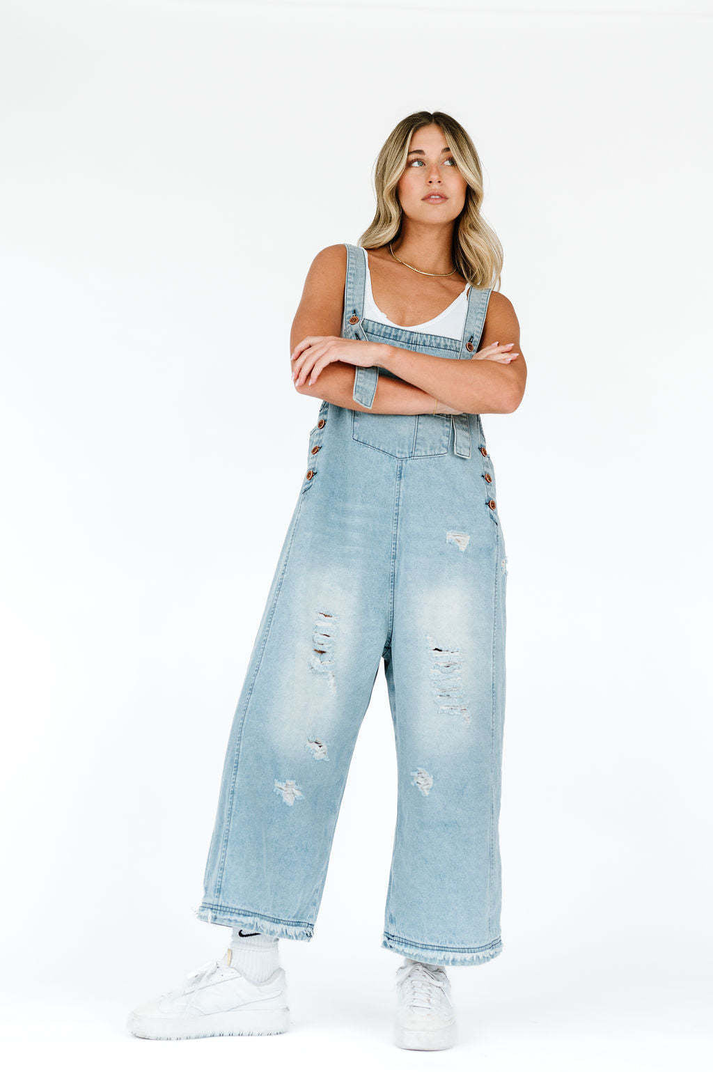Vintage Distressed Ripped Loose-Fit Wide-Leg Denim Overalls