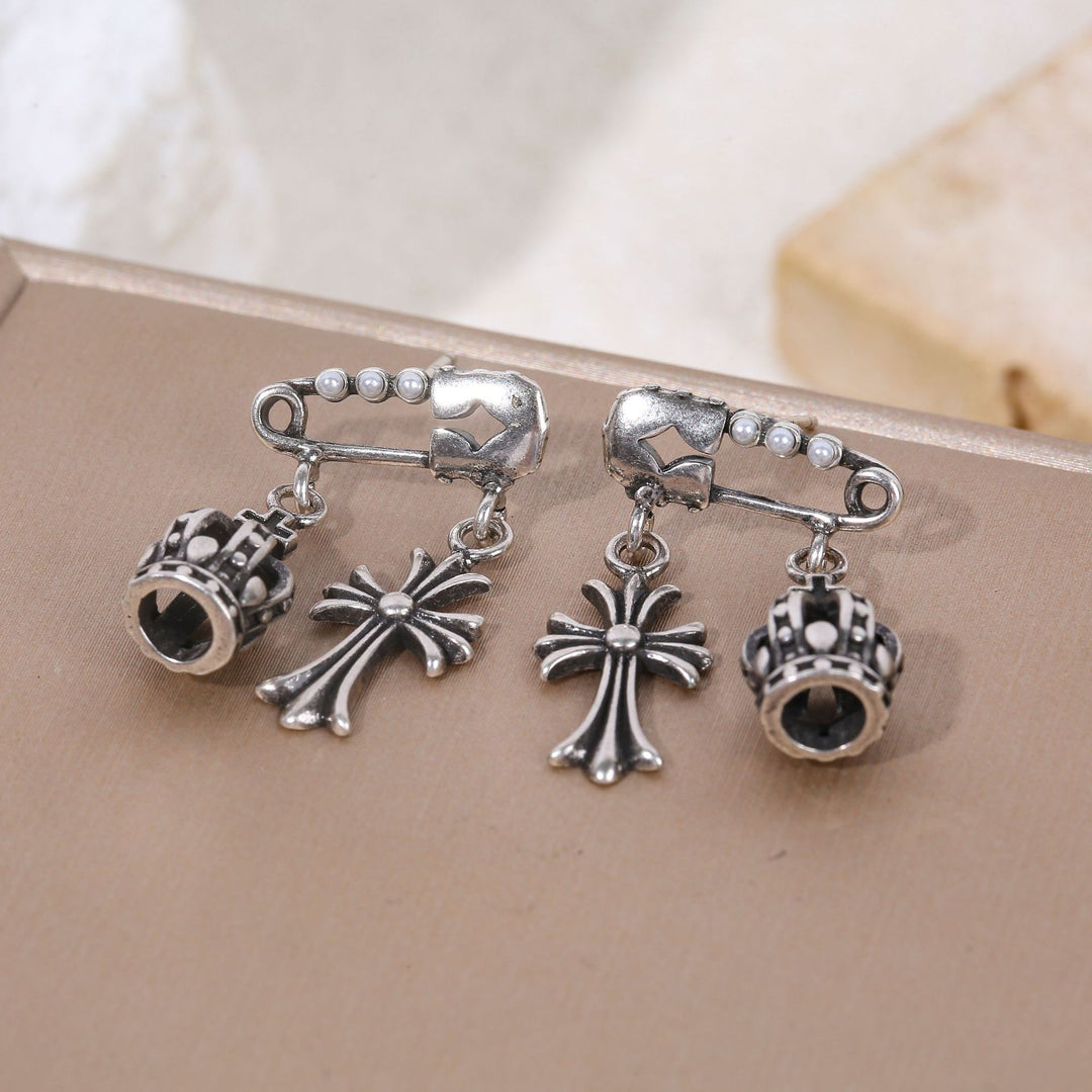 Chrome Hearts-Inspired Safety Pin Cross & Crown Earrings