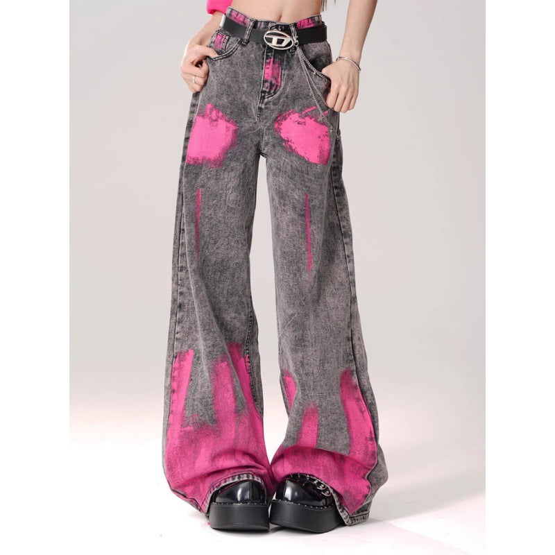 Graffiti print straight-leg floor-length jeans