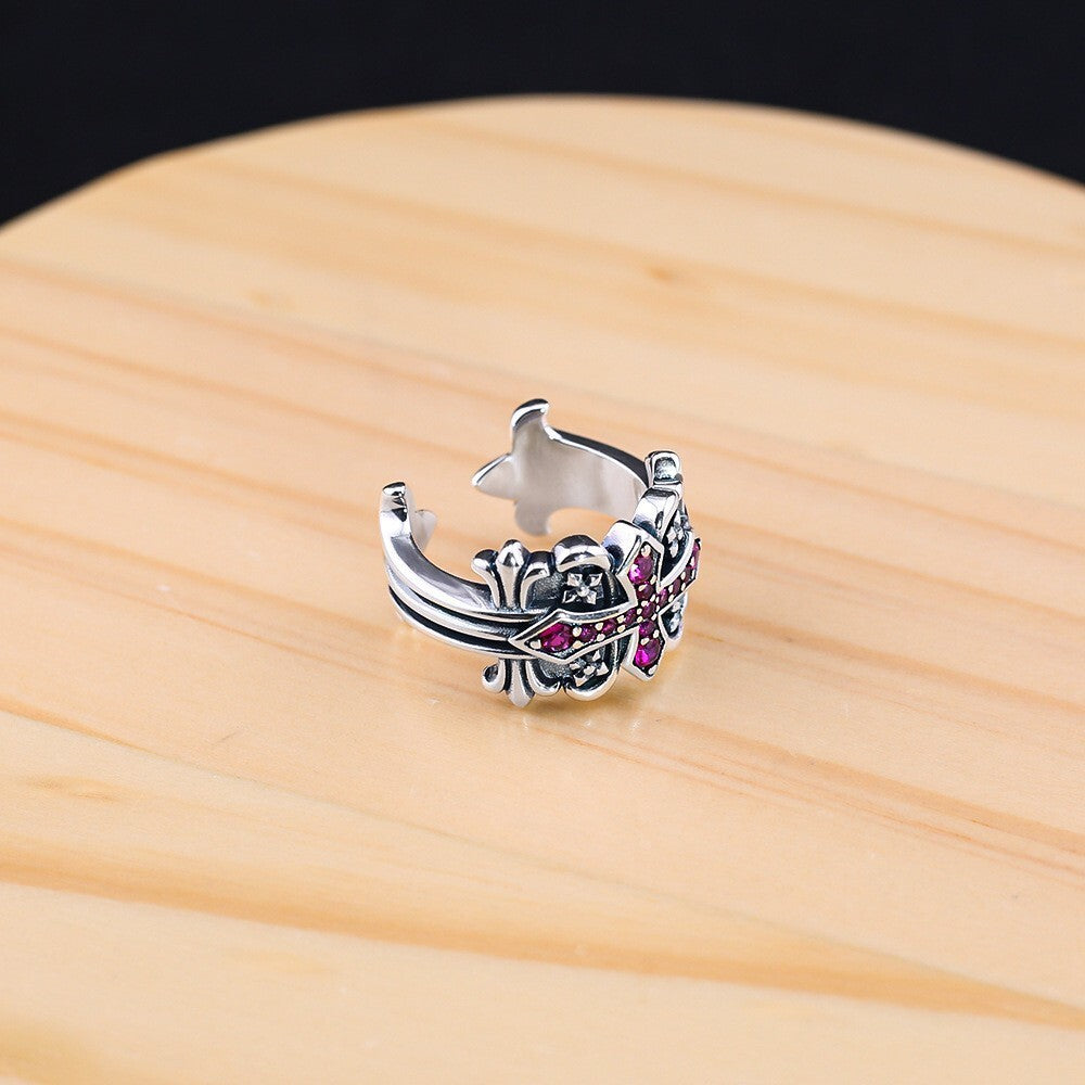 Rose red diamond cross flower open ring