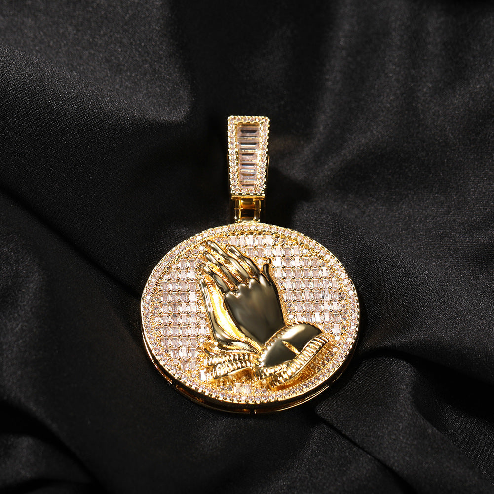 Hip-hop round disc zircon-encrusted praying hands pendant