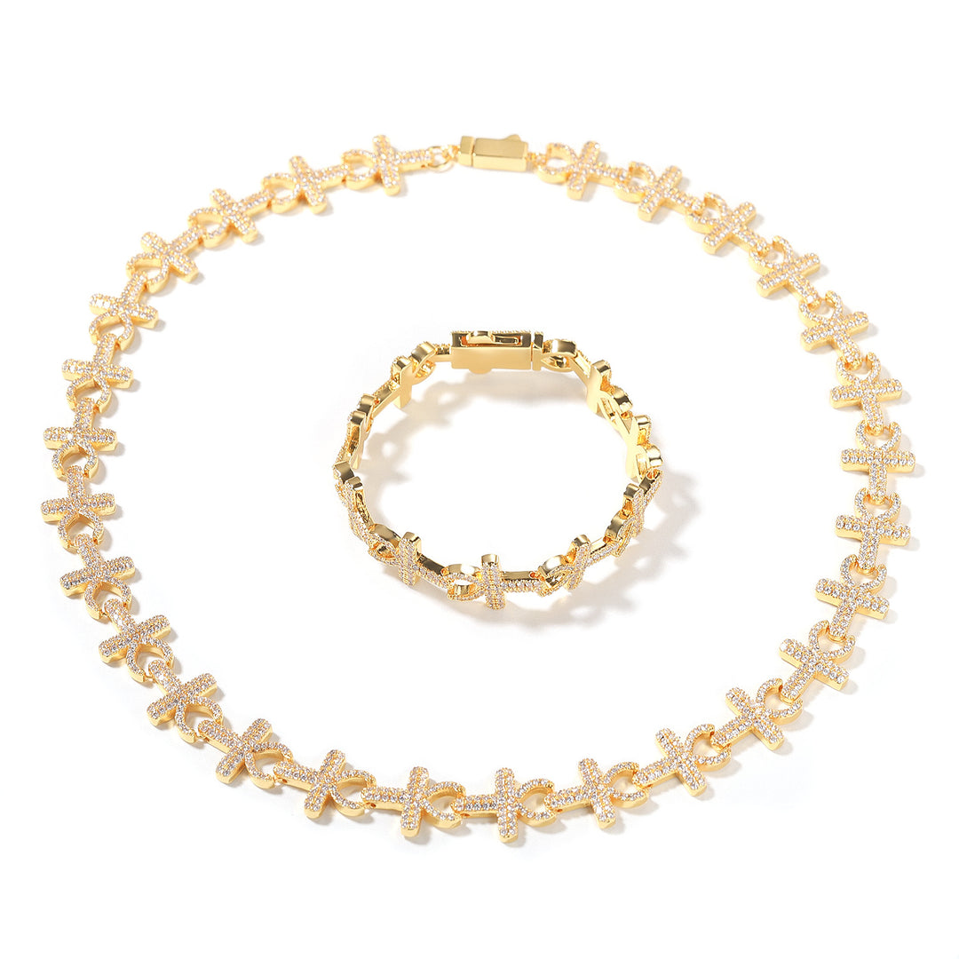 15mm Full-Diamond Cross Necklace & Bracelet
