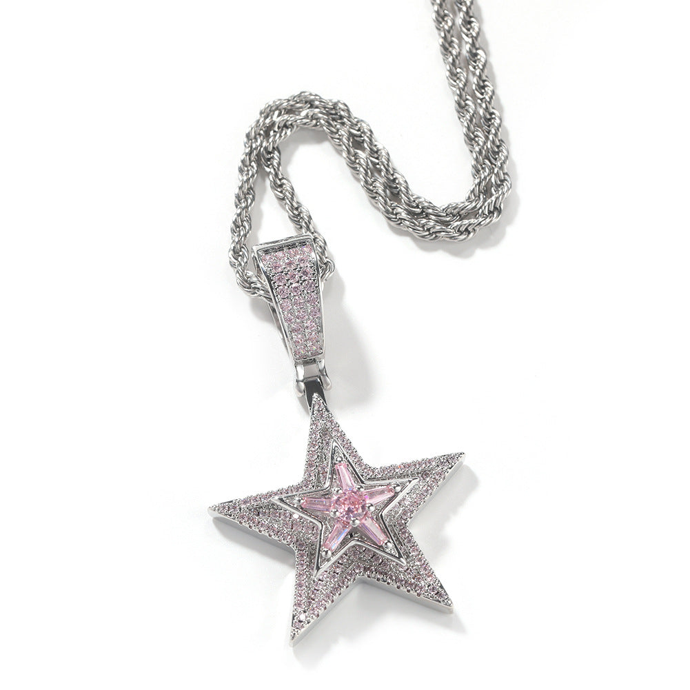 Hip-hop diamond-studded rotating five-pointed star necklace
