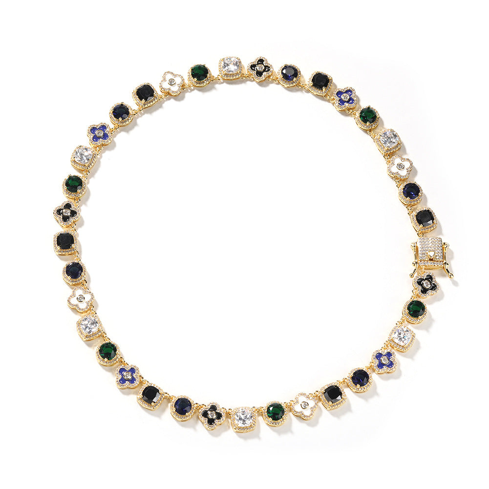 Hip-hop colorful rhinestone-encrusted flower necklace