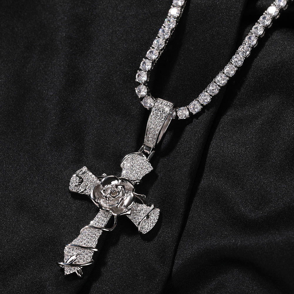 Hip-hop rose cross necklace with 5A zircon inlay