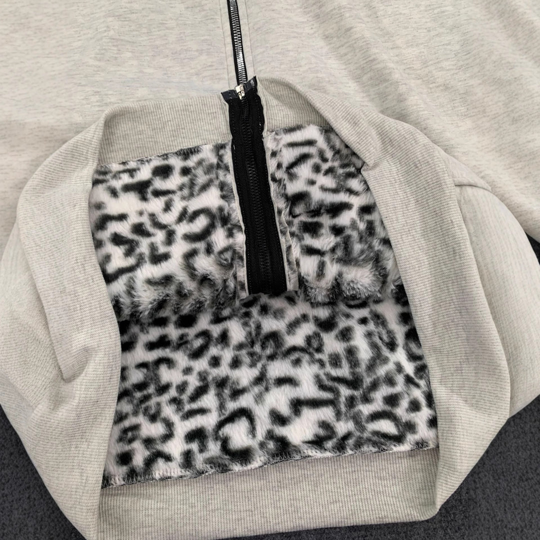 Reversible retro leopard print zip-up hooded sweatshirt