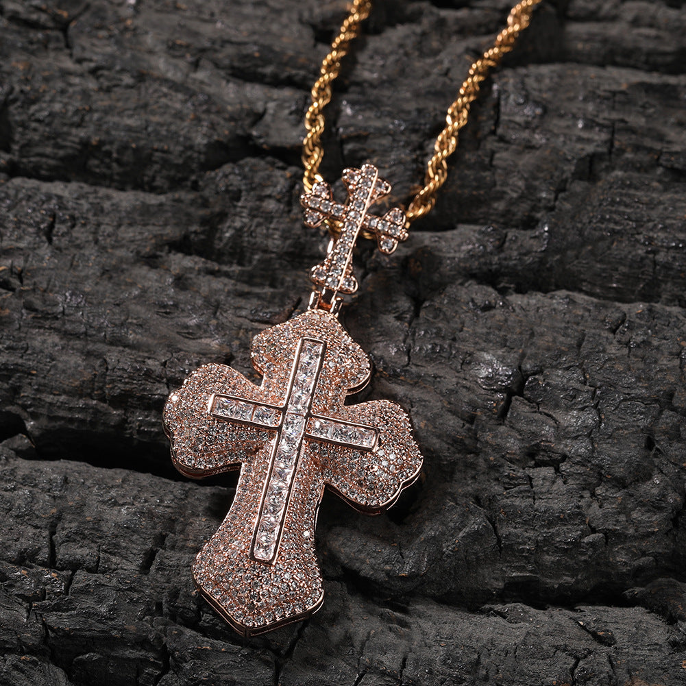 Hip-hop zircon-encrusted couple's necklace with large and small crosses