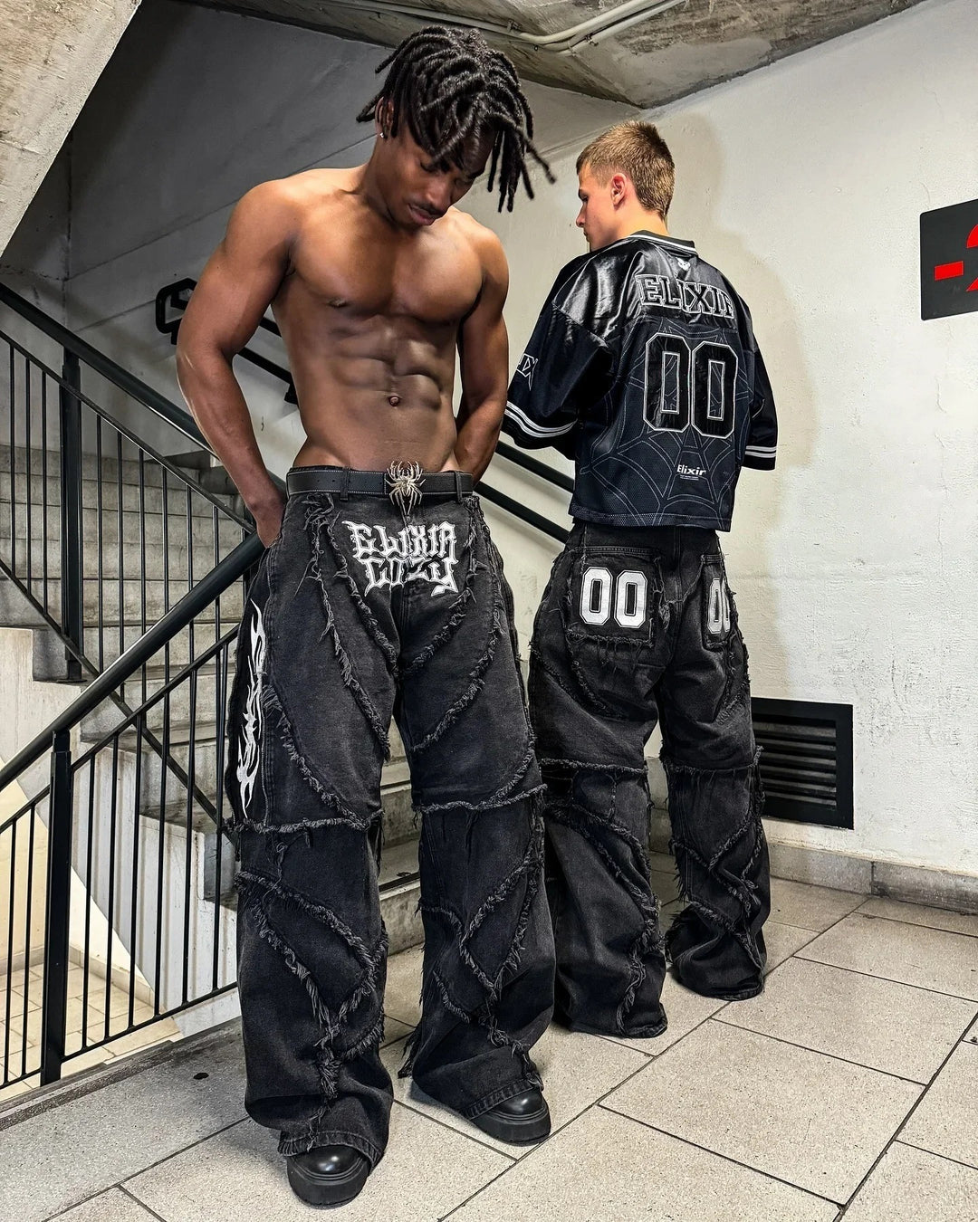 Paneled, Loose-Fit, Embroidered, and Fur-Trimmed Denim Jeans