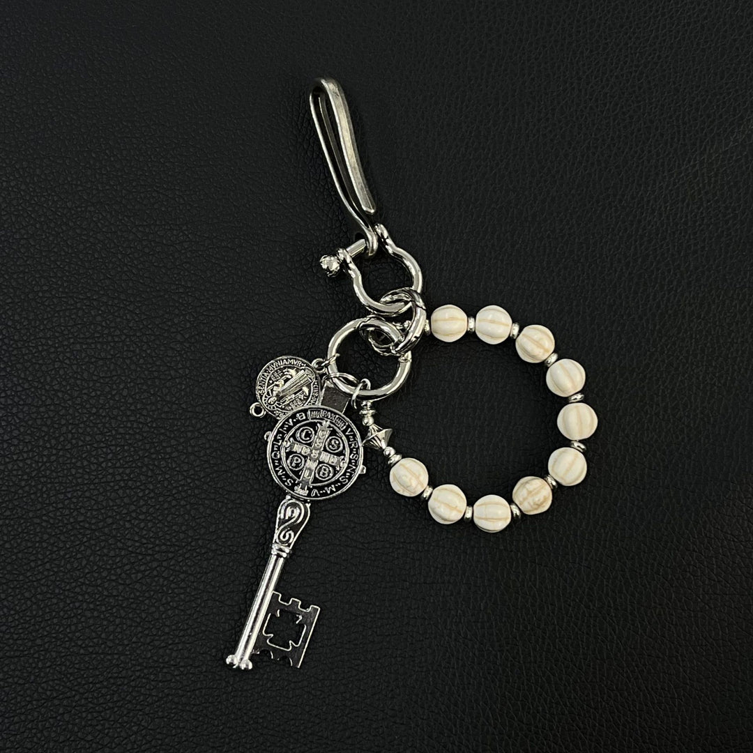 White Cracked-Stone Bead & Black-Silver Disc Key Fob