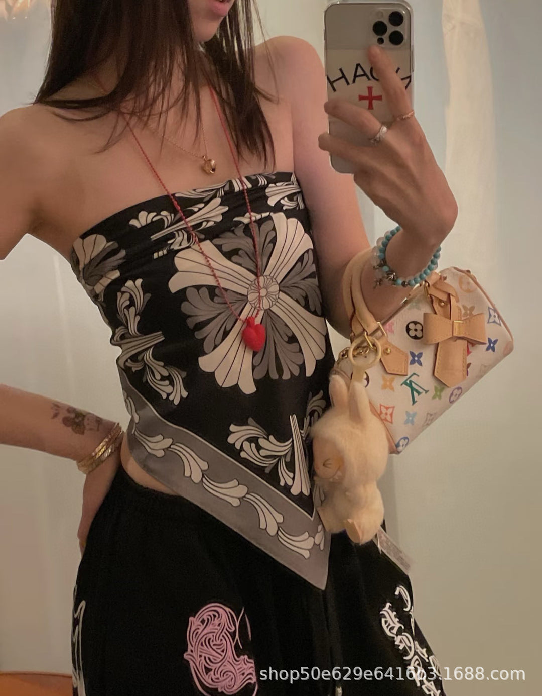 Chrome Hearts-Style All-Over Print Silk Bandeau Top