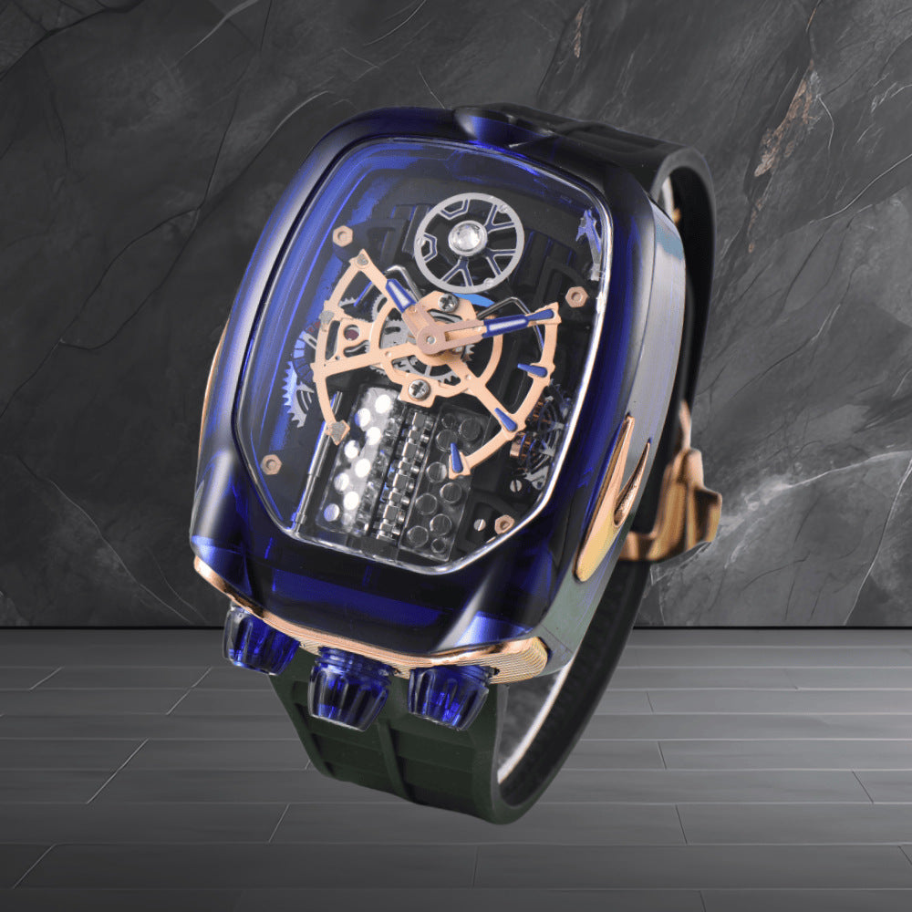 W16 Engine-Style Watch with Sparkling Transparent Crystal Case