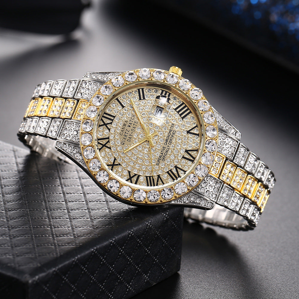 Fully Jeweled, Steel-Band, Calendar Quartz Watch
