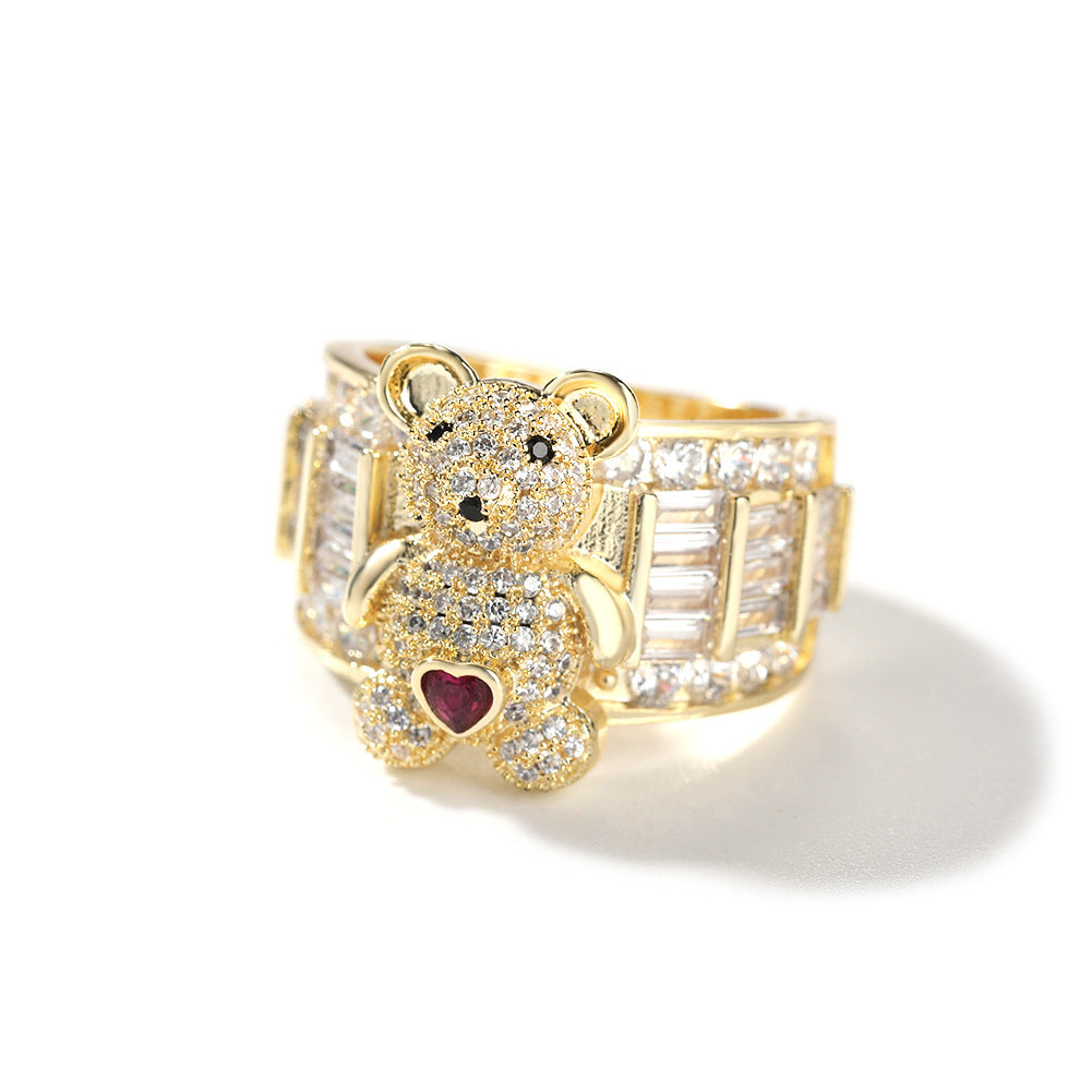 Hip-hop cute bear diamond-encrusted adjustable ring