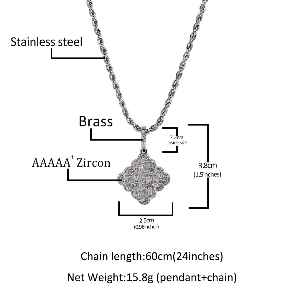 Full-diamond zircon four-leaf clover necklace