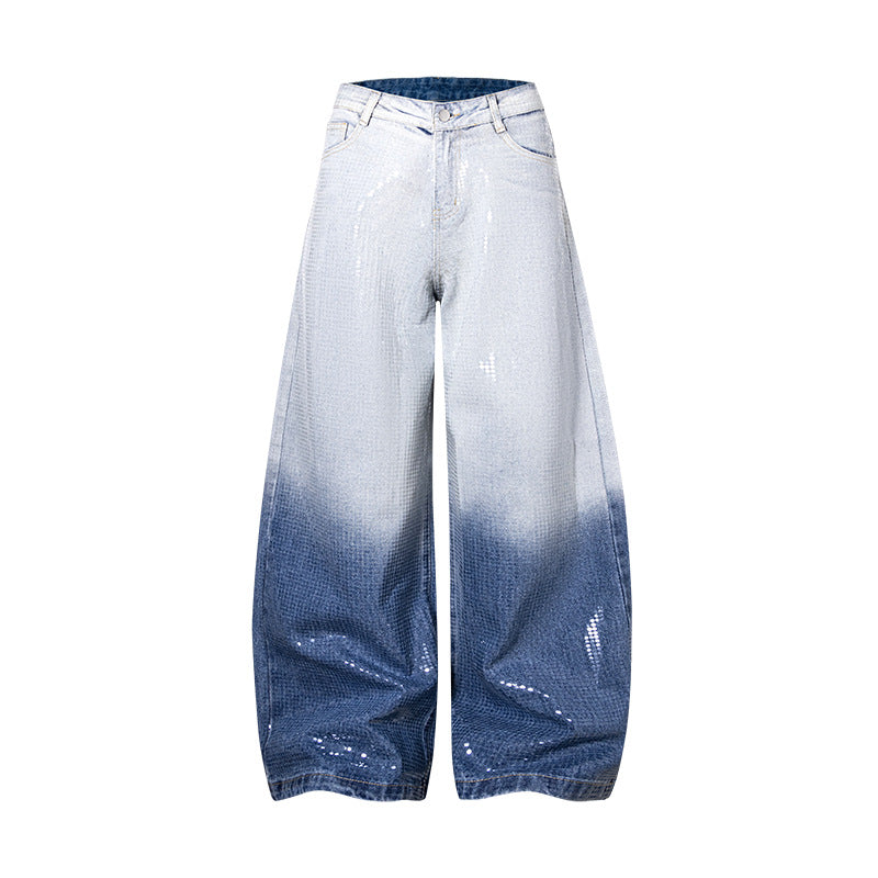 Rhinestone sequin gradient color wide-leg jeans