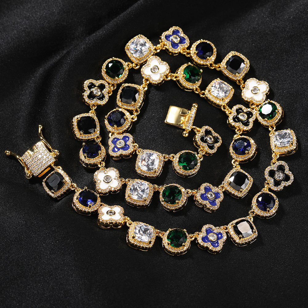 Hip-hop colorful rhinestone-encrusted flower necklace