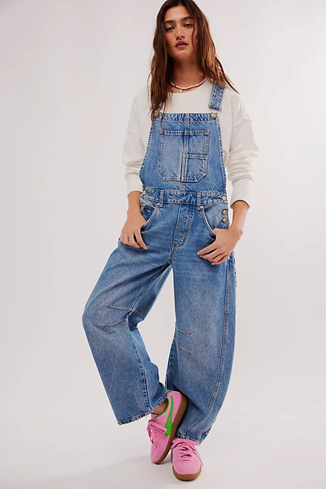 Washed Vintage, Loose-Fit, Straight-Leg Cargo Denim Overalls