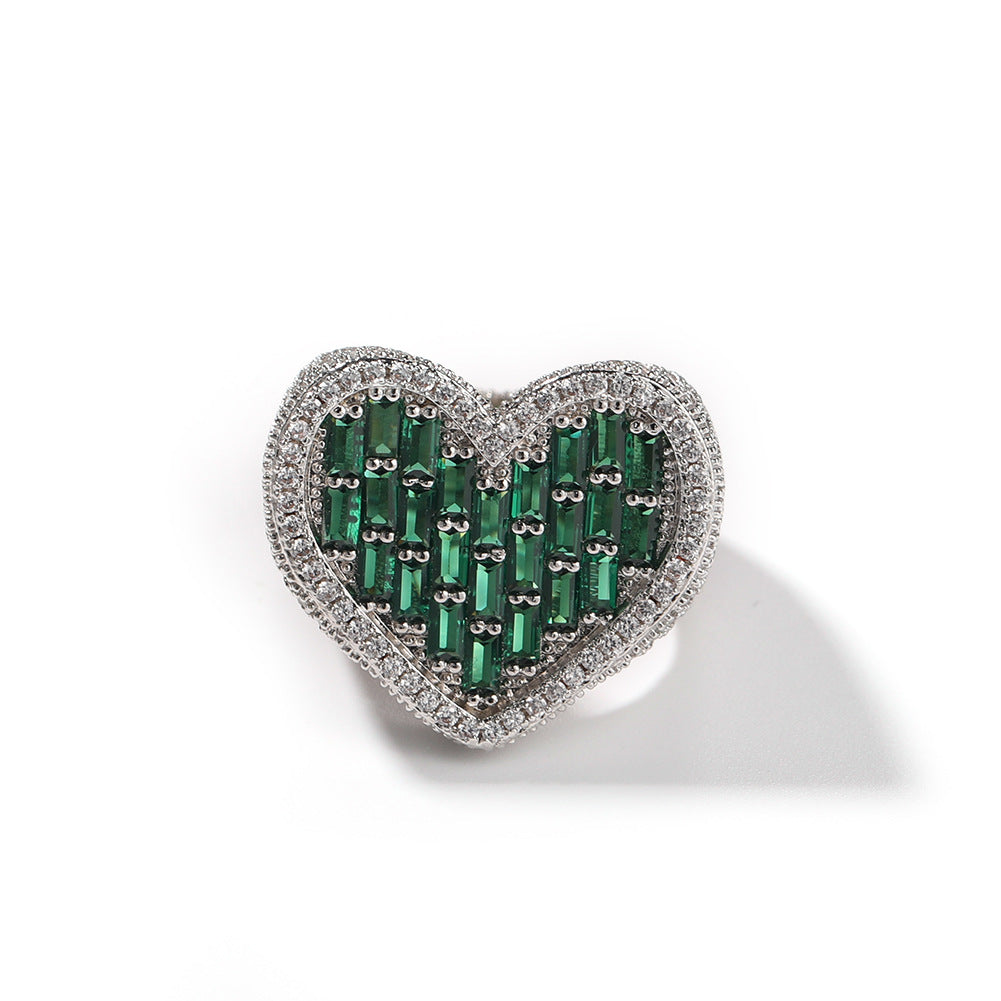 Hip-Hop T-Square & Heart-Shaped Zirconia Ring