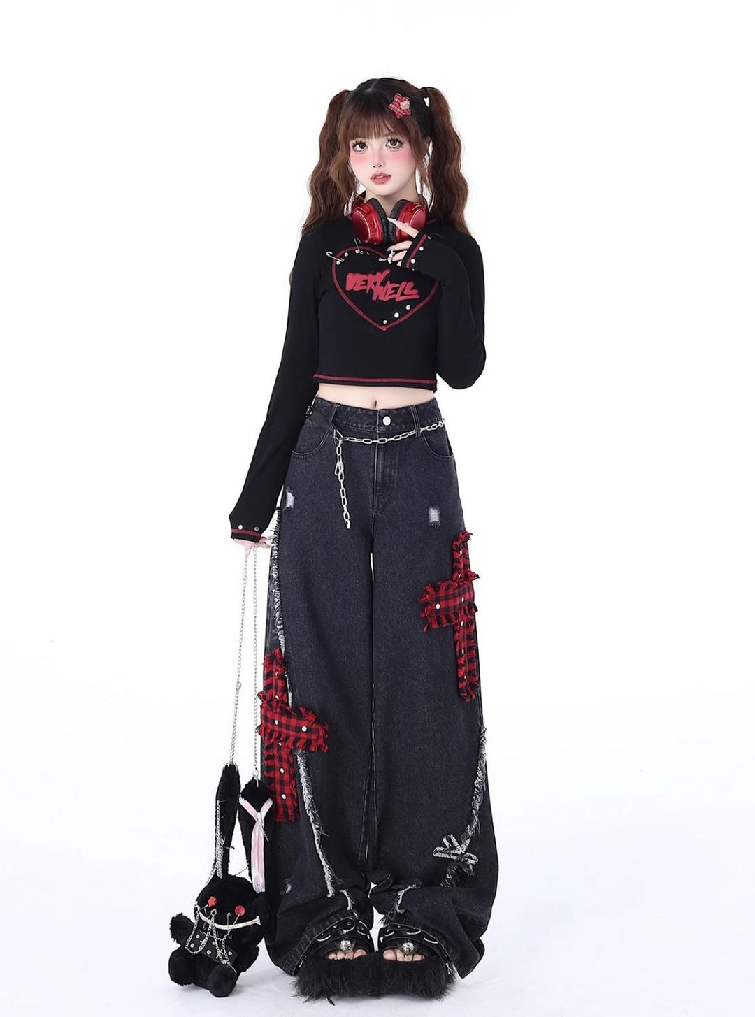 Rock-Punk Distressed Straight-Leg Wide-Leg Jeans
