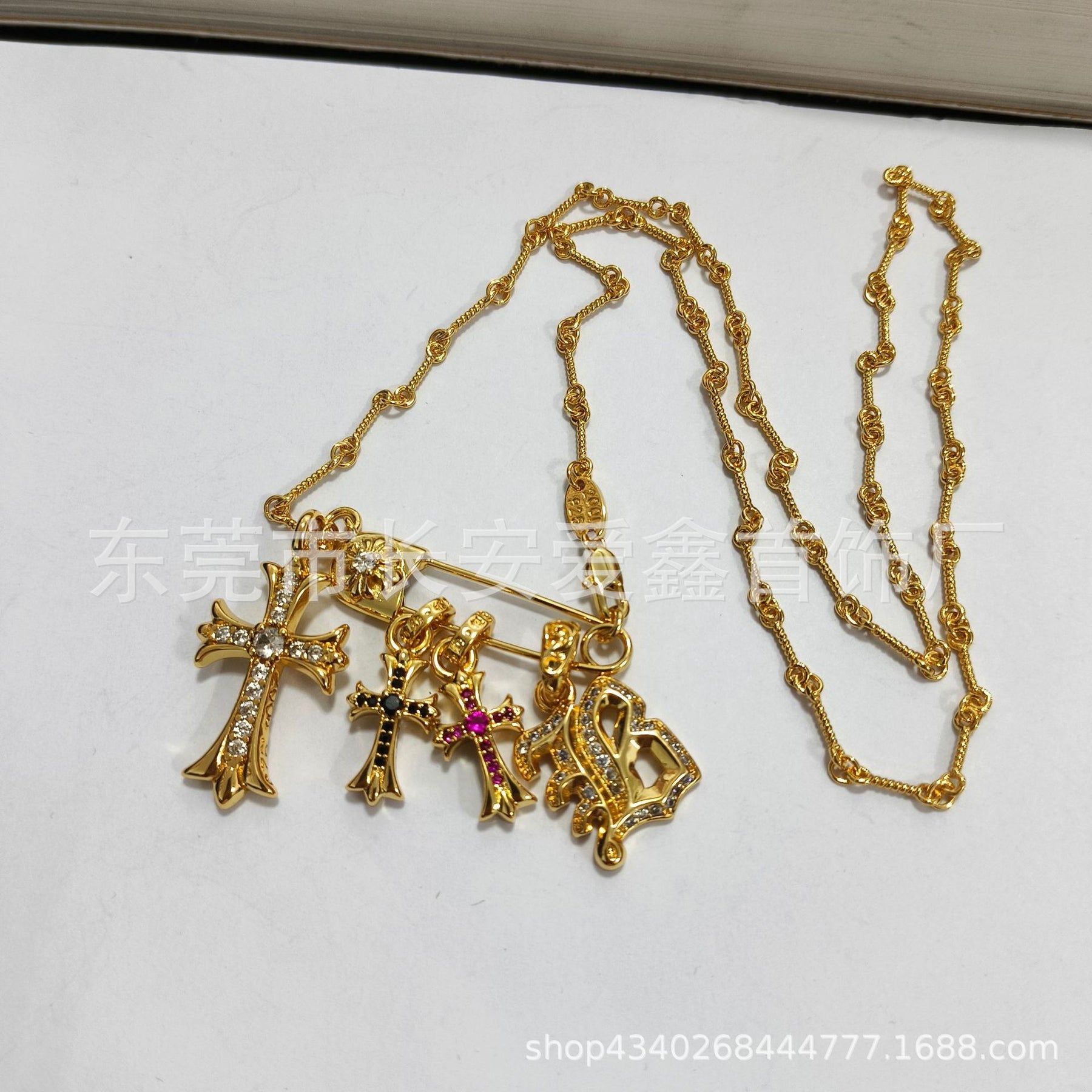 Chrome Hearts Gold Diamond Cross Flame Brooch Necklace