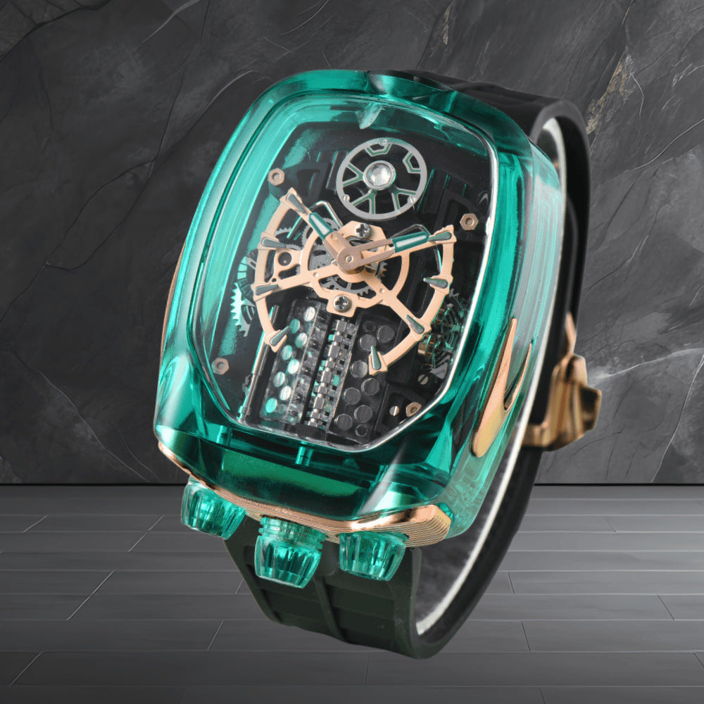 W16 Engine-Style Watch with Sparkling Transparent Crystal Case