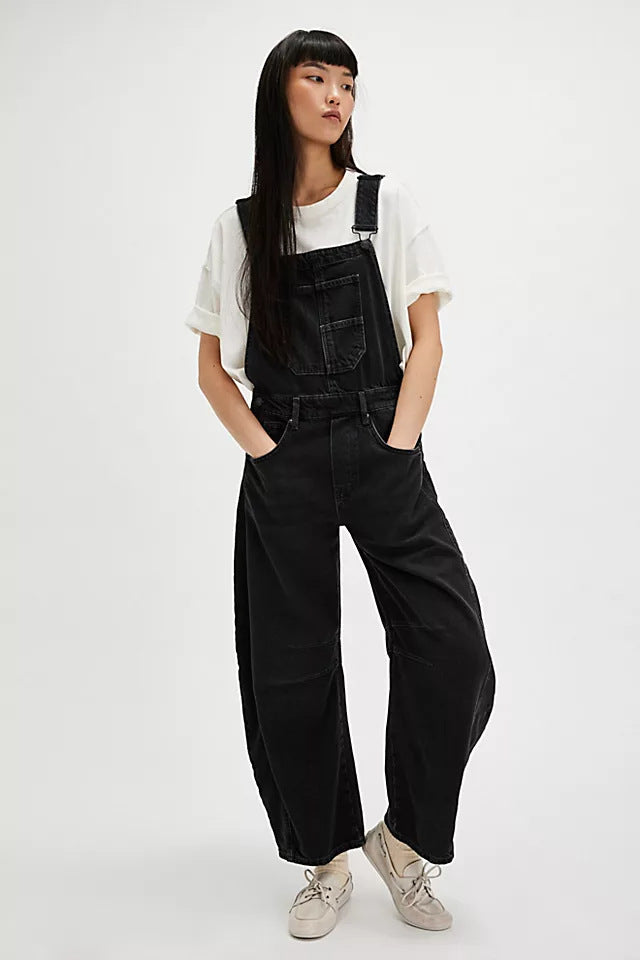 Washed Vintage, Loose-Fit, Straight-Leg Cargo Denim Overalls