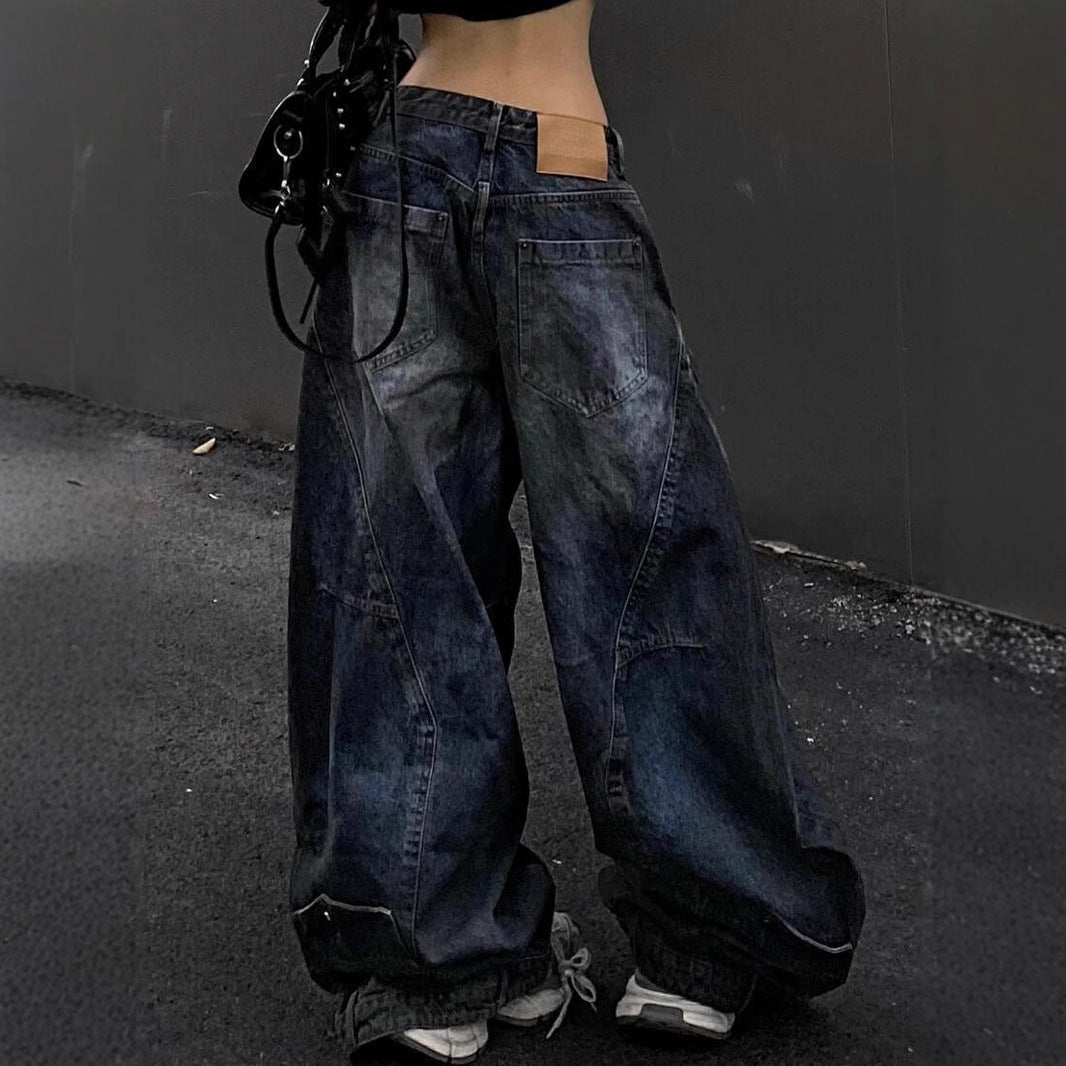 Plus-Size Washed & Distressed Loose-Fit "Curved-Leg" Jeans