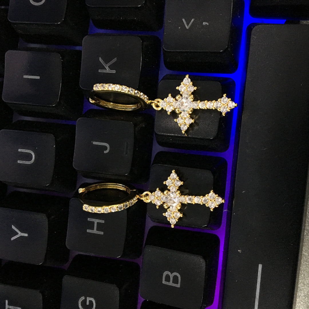 Hip-hop cubic zirconia cross earrings