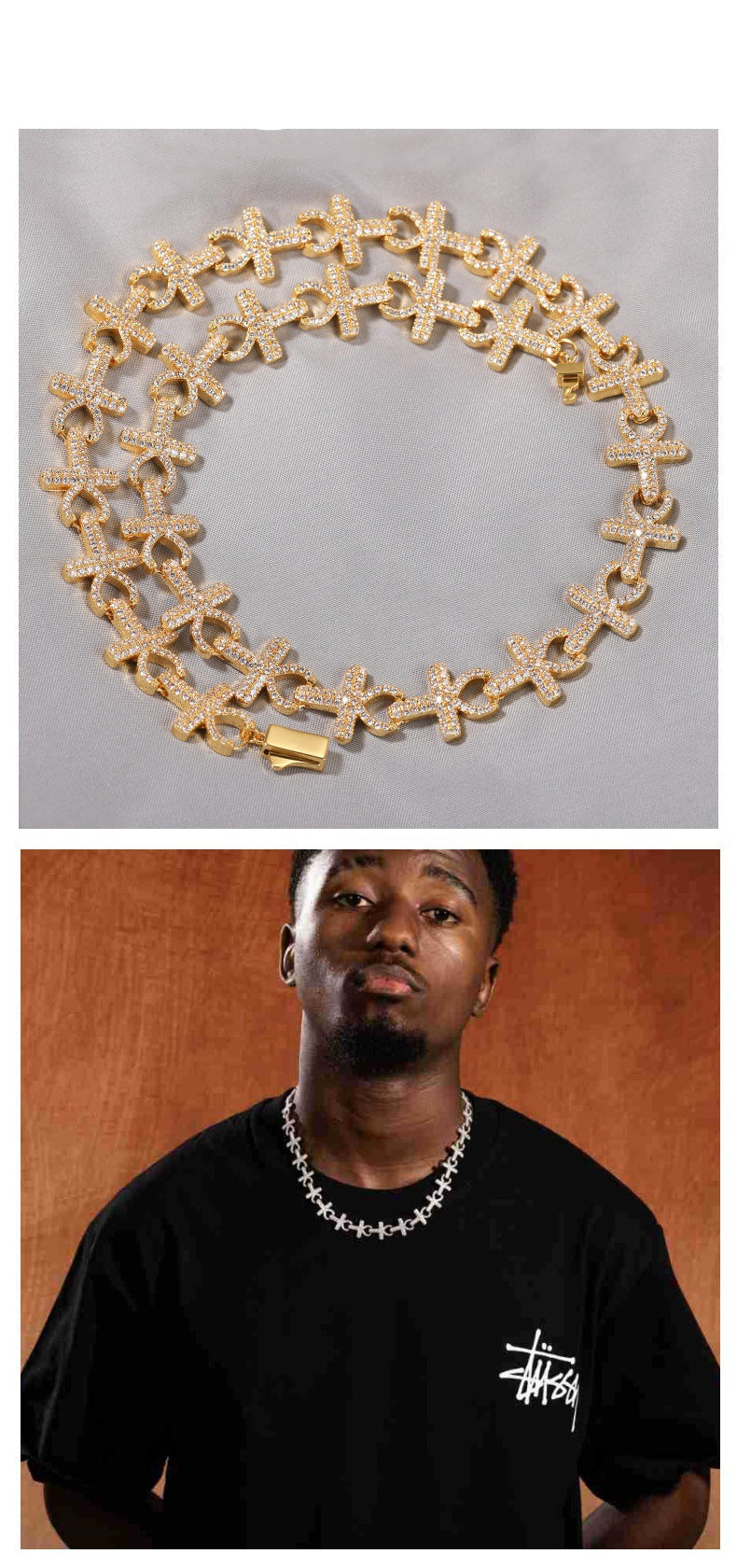 15mm Full-Diamond Cross Necklace & Bracelet