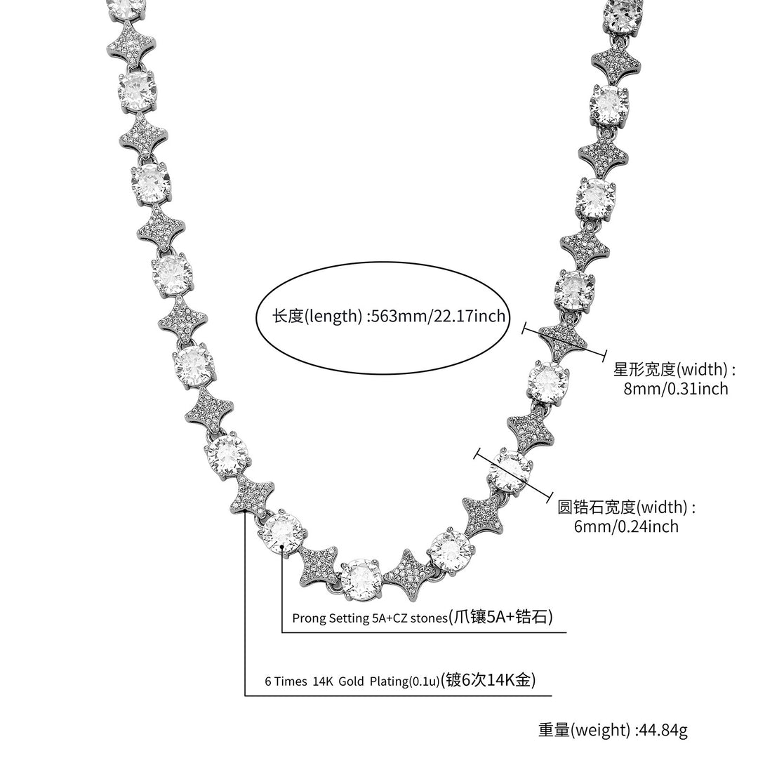 4mm Tennis Chain, 6mm Copper-Set Zircon Star & Sunburst Bracelet