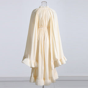 French Palace Style V-Neck Long Sleeve Shawl Pleated Ruffle Dress