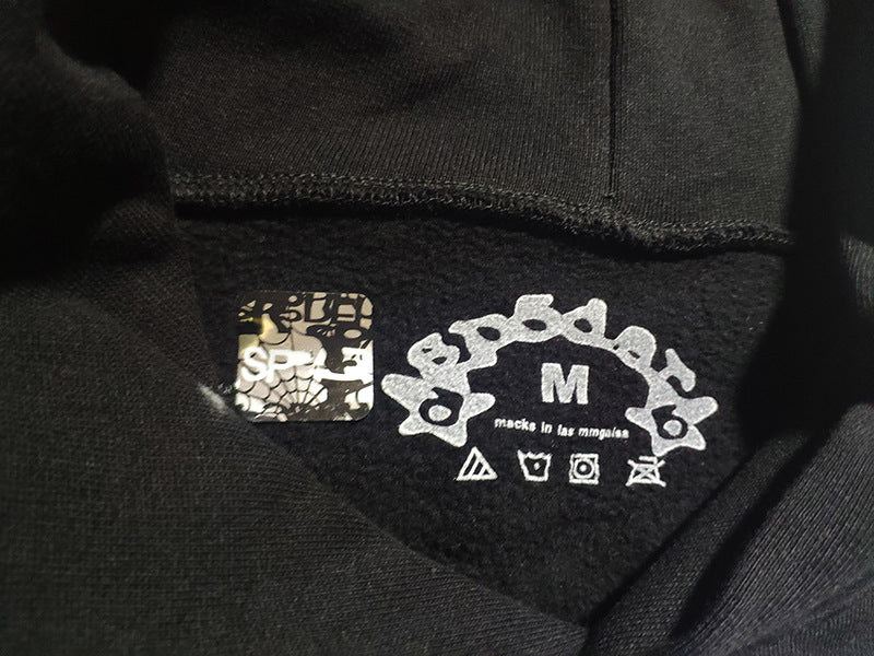 Sp5der fleece-lined hoodie with spiderweb print.