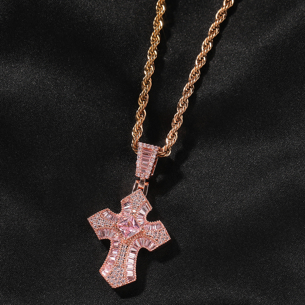 Rose Gold Cross Pendant with Micro-Zirconia