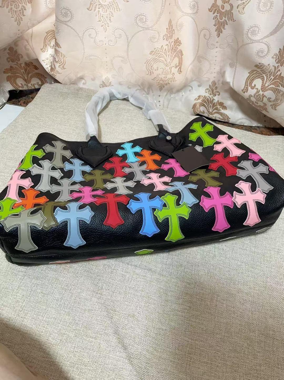 Chrome Hearts Genuine Leather Handbag with Floral Pattern
