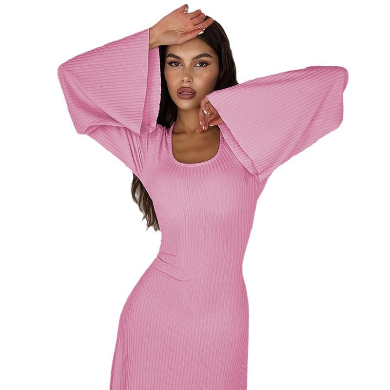 Autumn Fashion Loose U-neck Back Tie Long Sleeve Dress