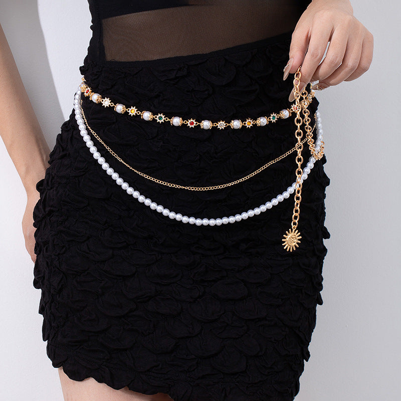Rhinestone & Pearl Jewelry Set: Bracelet, Necklace, and Waist Chain