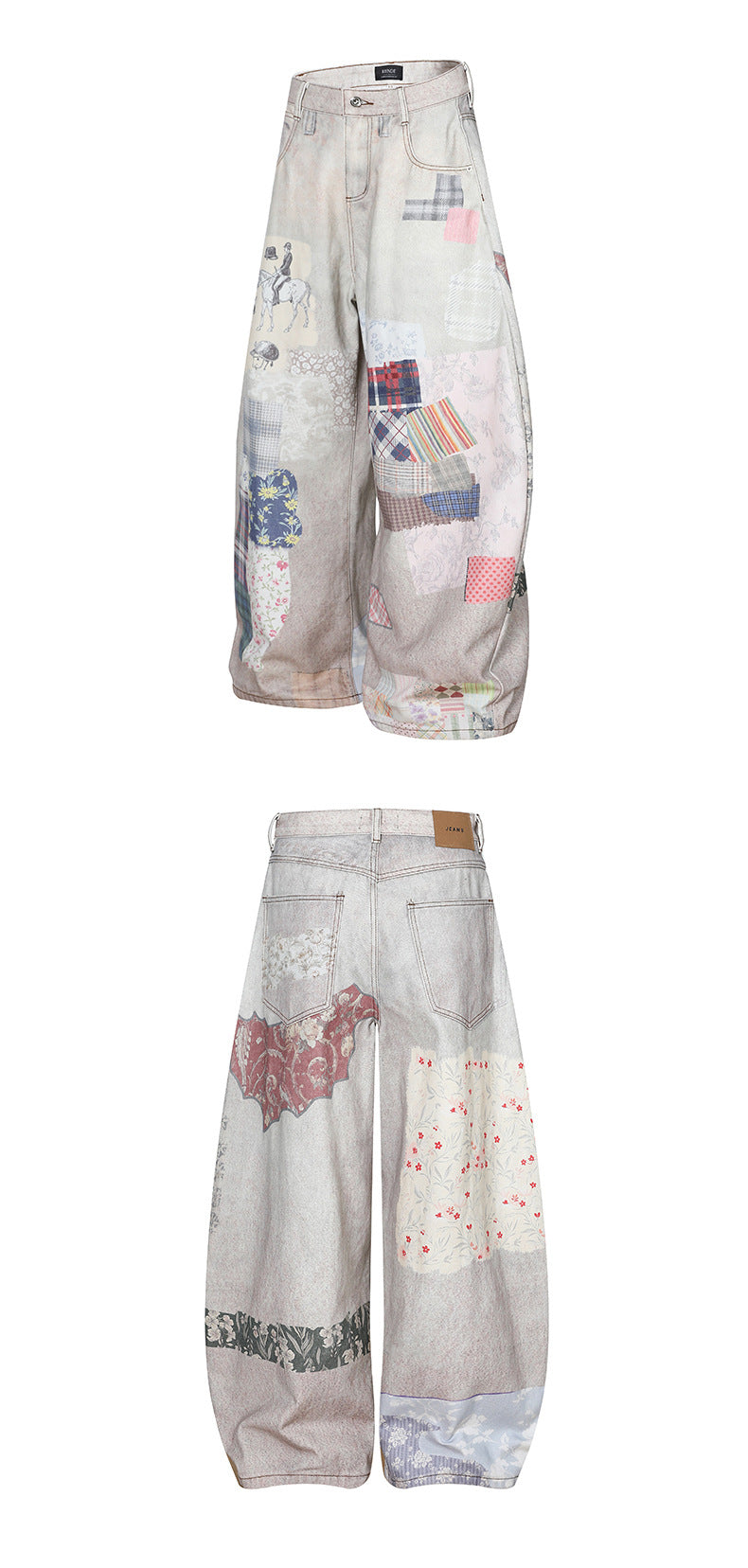 Patchwork Print Curved Blade Loose Fit Jeans