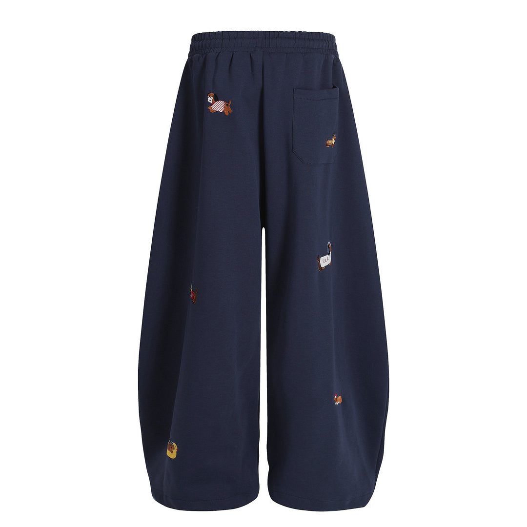 Cartoon Dog Print Straight-Leg Trousers Curved-Cut Casual Pants