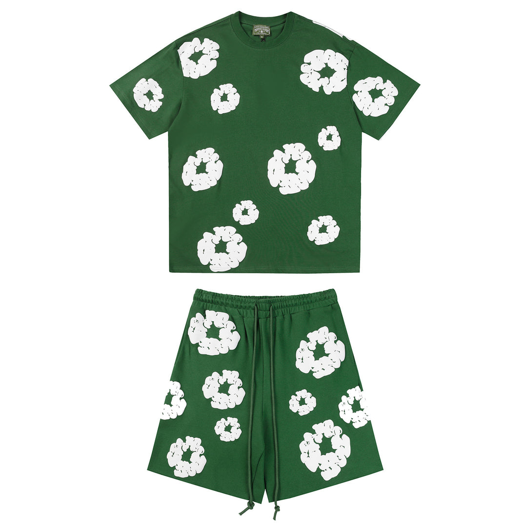 Foamed Kapok Flower Loose-Fitting Short-Sleeved Shorts