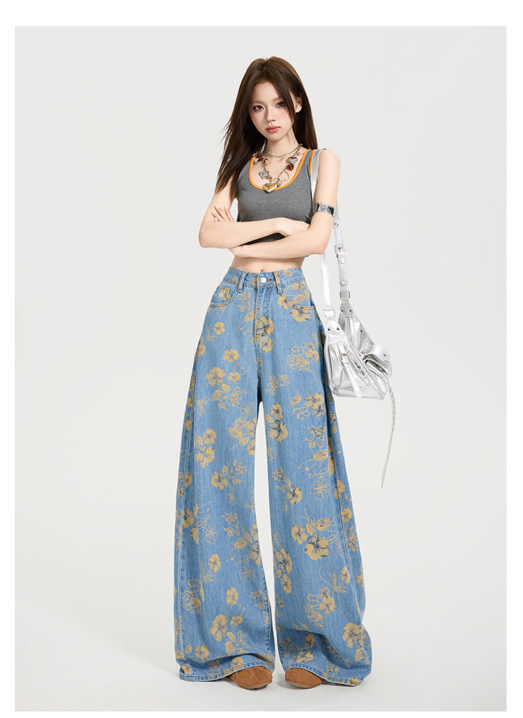 Y2K Floral Print Loose-Fit Flared Denim Trousers