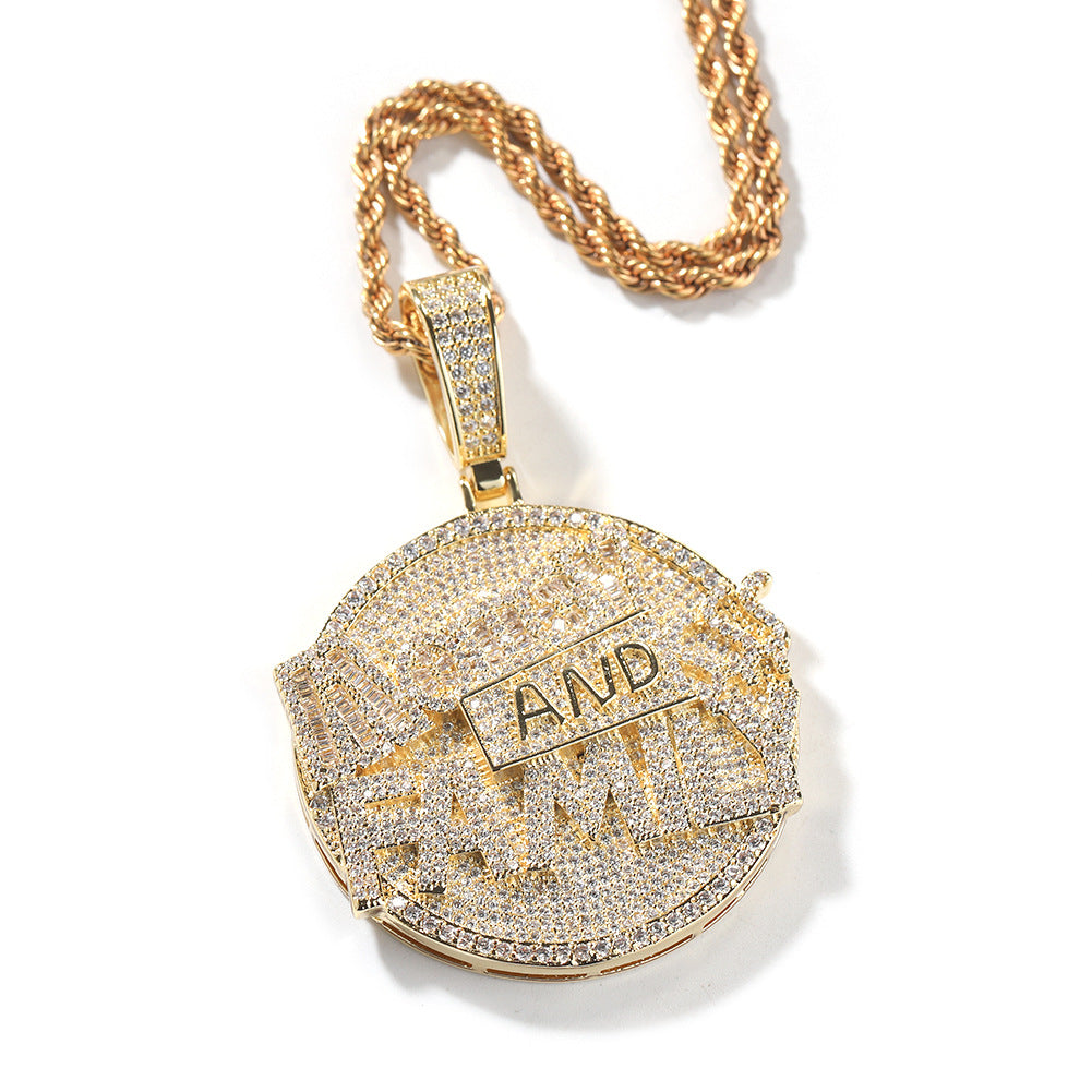 "Money and Family" letter pendant round disc necklace