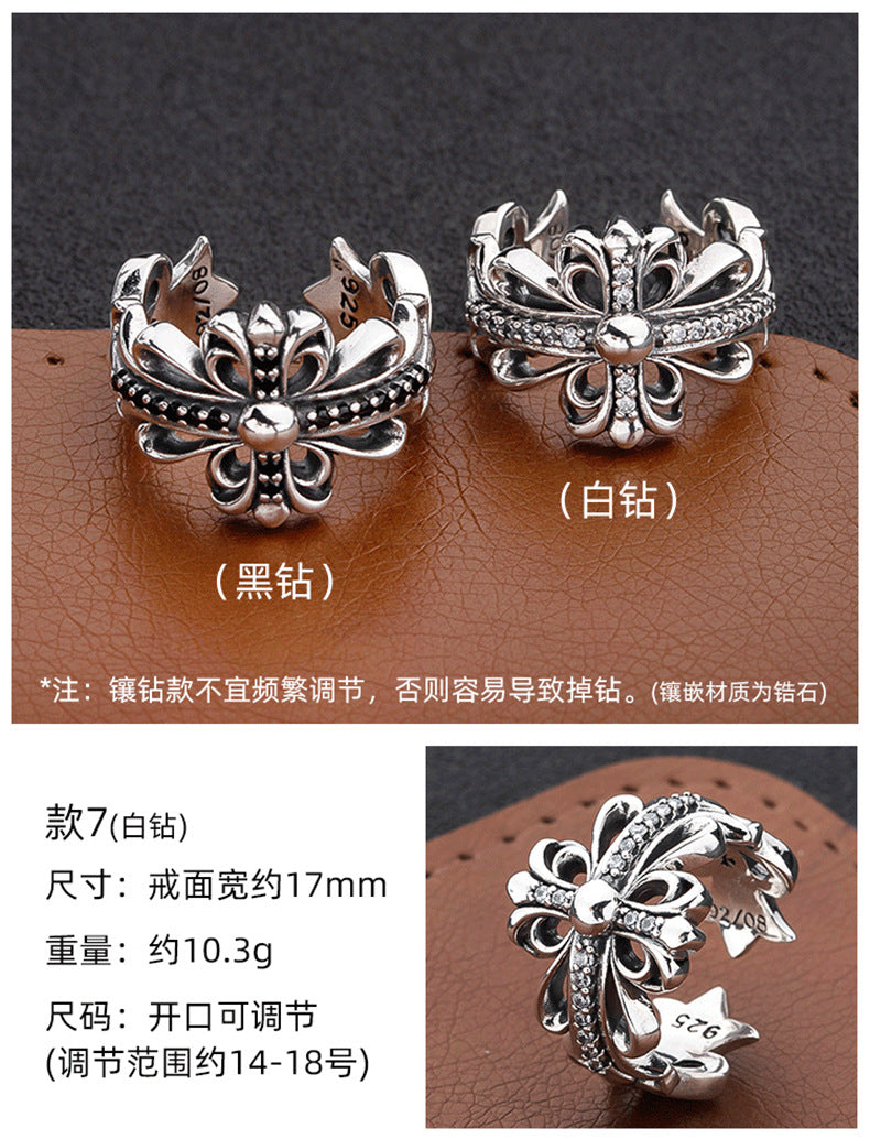 S925 sterling silver chrome hearts cross flower retro open ring