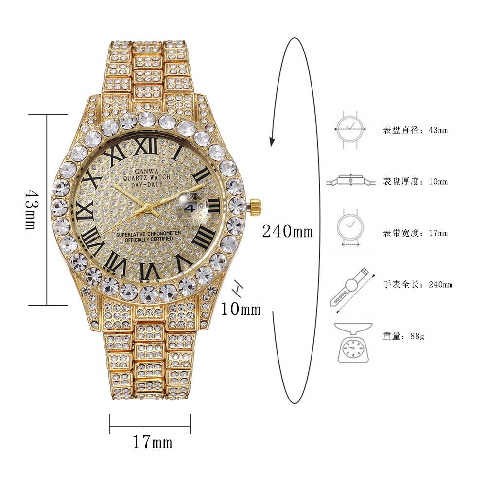 Fully Jeweled, Steel-Band, Calendar Quartz Watch