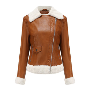 Autumn and winter fleece leather women's warm long-sleeved lapel coat jacket