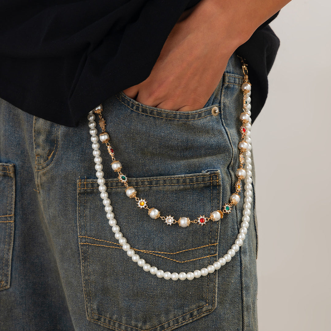 Pearl, Multi-Gemstone, Cross & Floral Pant Chain