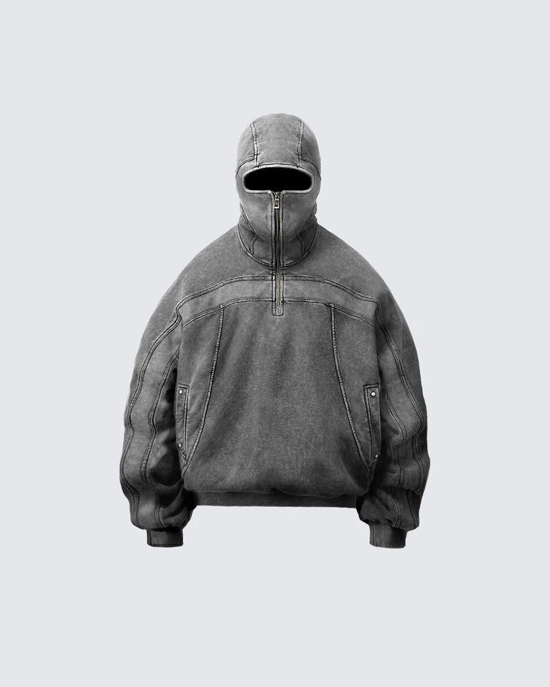 Single-hooded long zip-up hoodie with exposed eyes