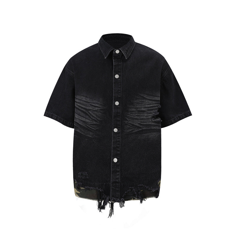 Raw-Hem Leopard-Print Patchwork Denim Shirt & Shorts Set